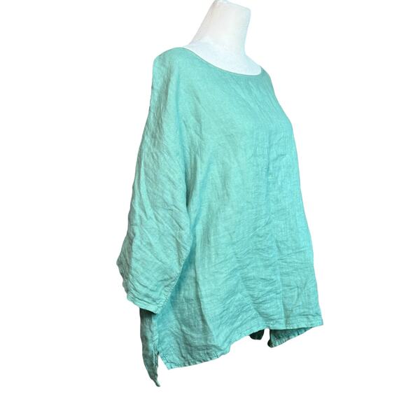 GIUSY Linen Blouse Women M Cyan Italy Boxy Minimalist Quiet Luxury Casual Top - Picture 4 of 10